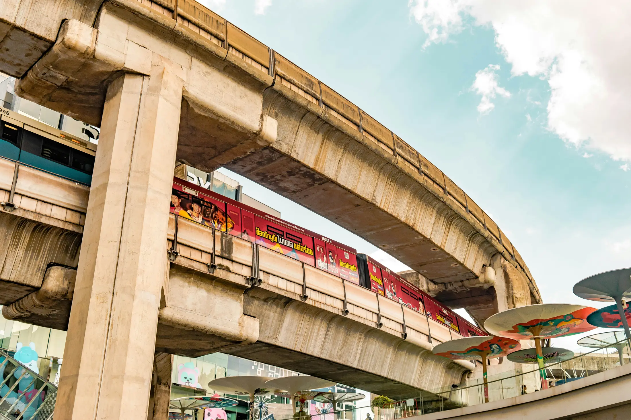 BTS Skytrain travelling on elevated tracks in Bangkok