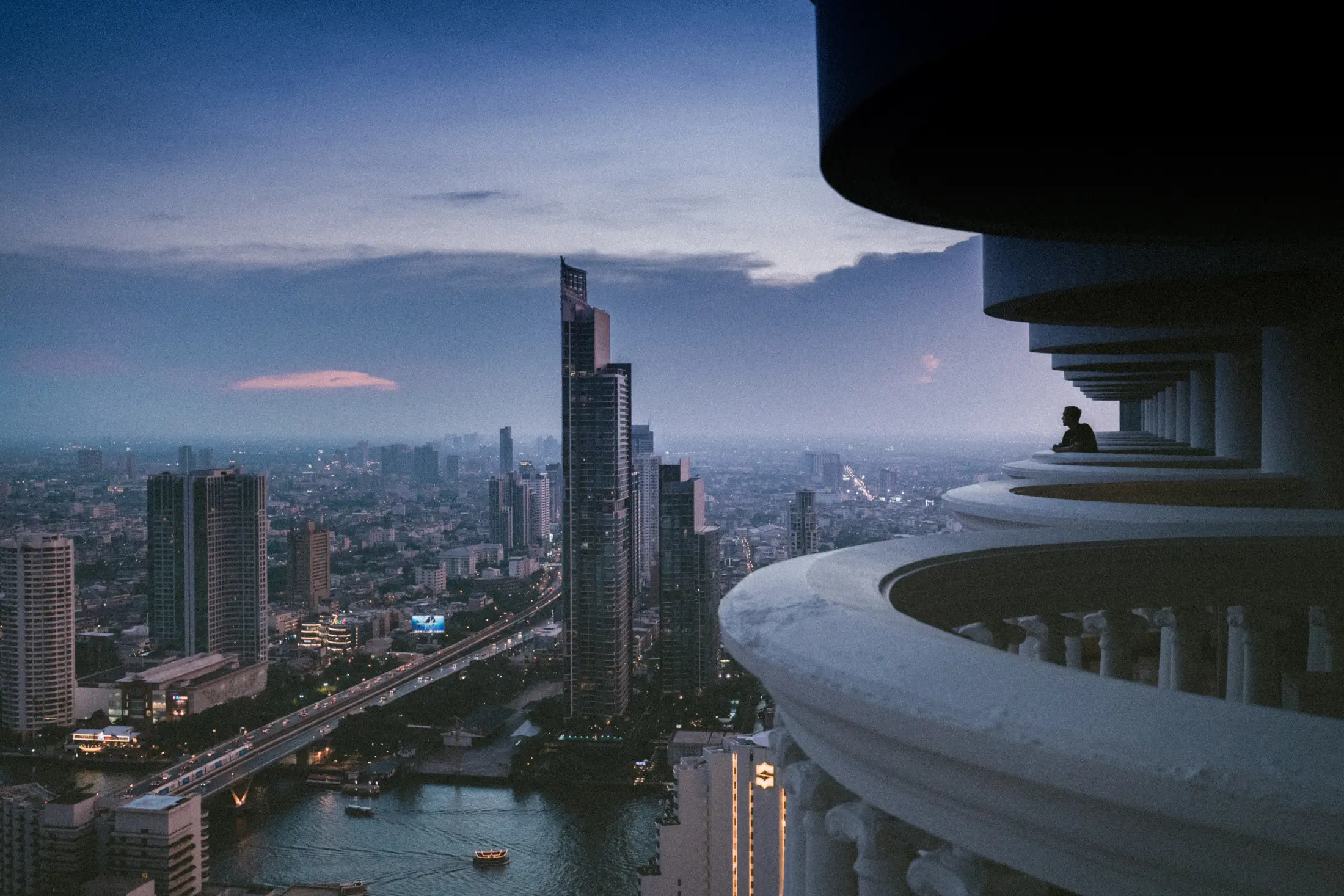 Bangkok skyline, river, and elevated rail seen from the city centre